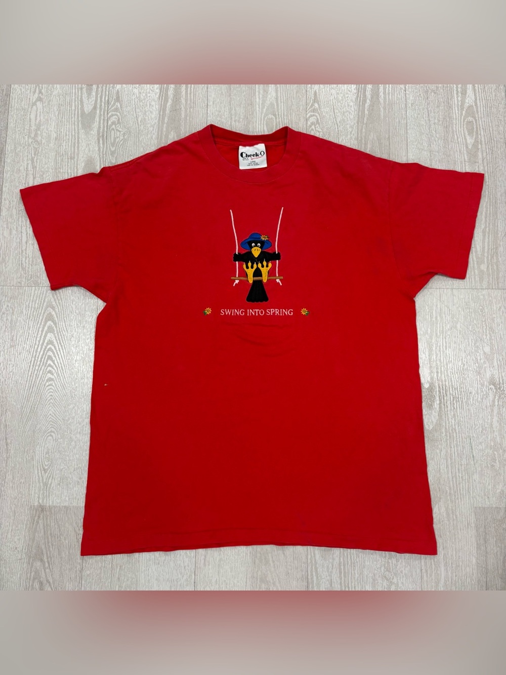 Vintage "Swing Into Spring" Crow Graphic Red Men’s T-Shirt Size L